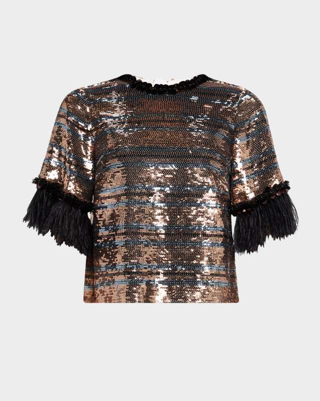 Sparkling Shine Feather-Cuff Sequin Blouse